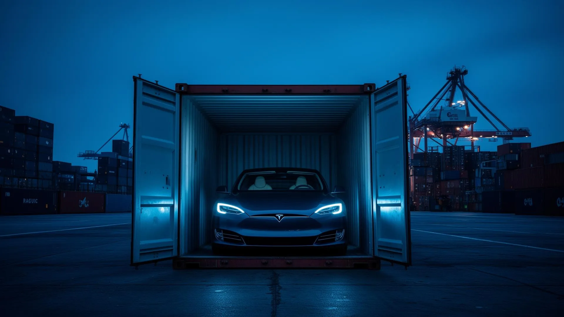 Samochód Tesla ładowany do kontenera morskiego w magazynie V&S Brothers w USA